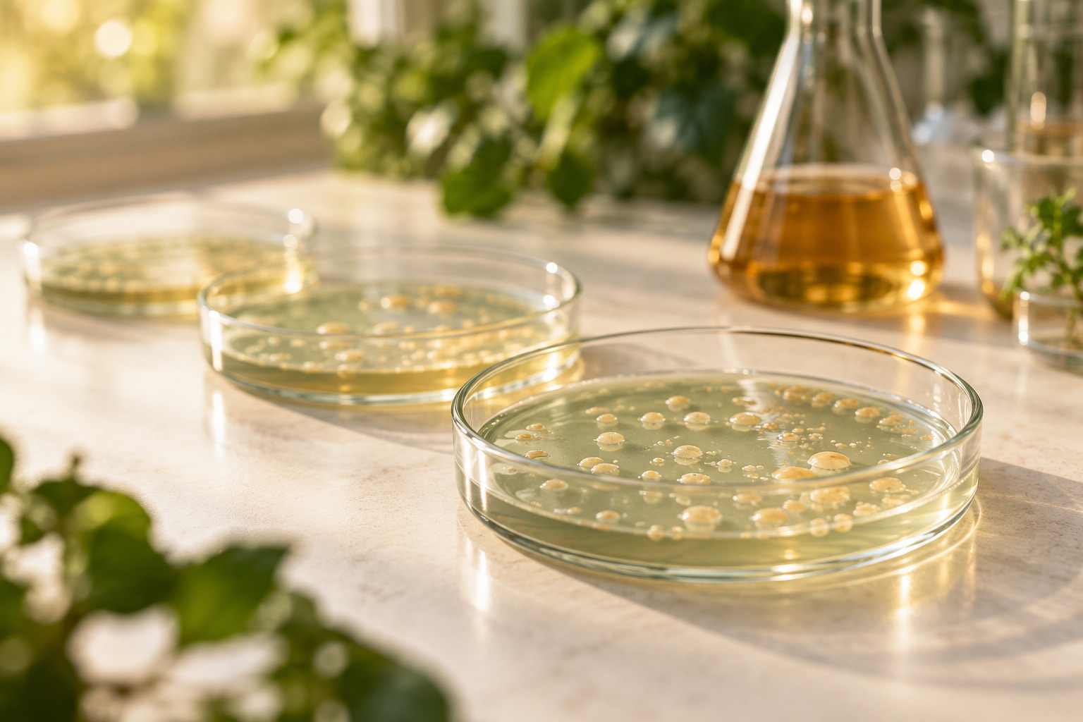Dishes with microorganism cultures in a laboratory