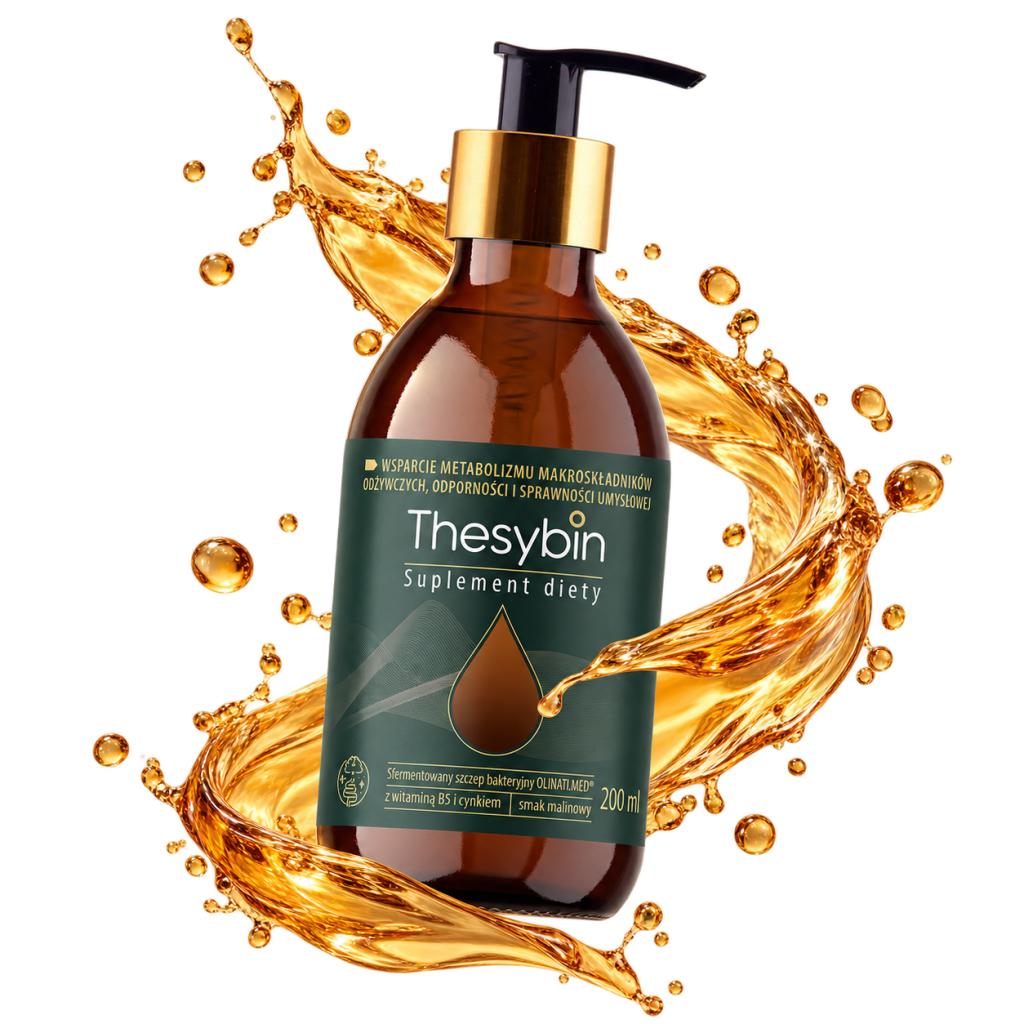 A bottle of THESYBIN food supplement